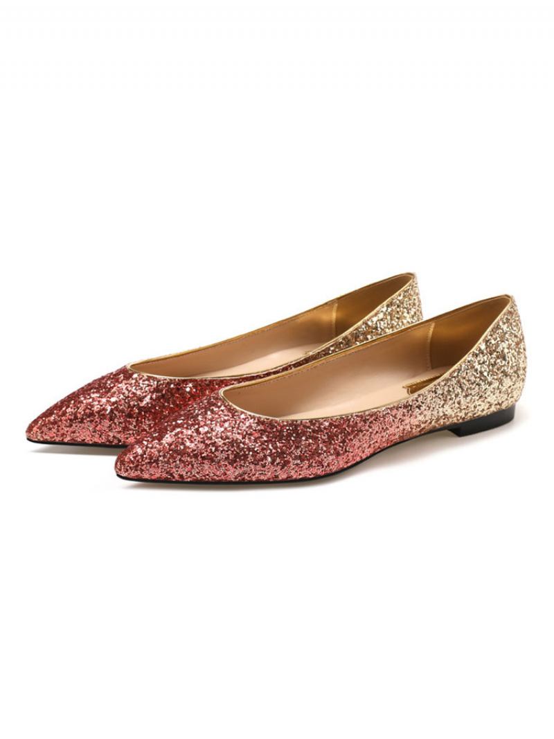 Sapatilhas Balé Loiras Femininas Pano Lantejoulas Bico Fino Dourado Sapatos Casuais Diários - Vermelho