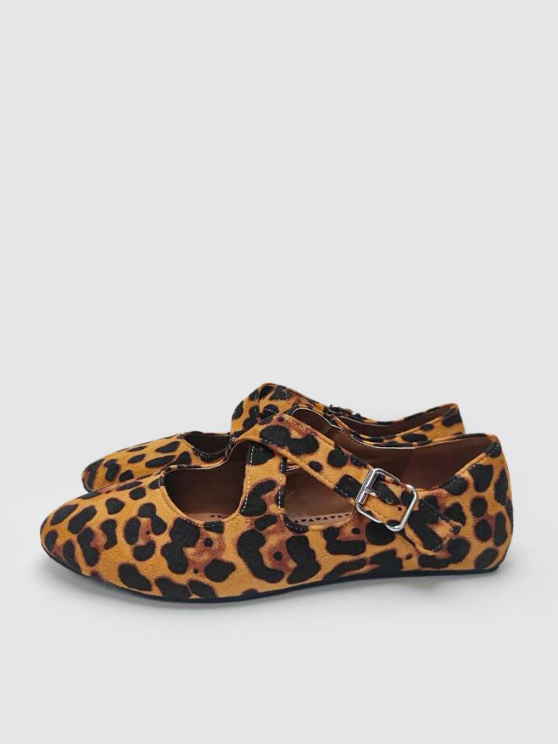 Sapatilhas Ballreina Femininas Leopardo Dedo Redondo Criss Cross Ballet Flats - Castanho Café