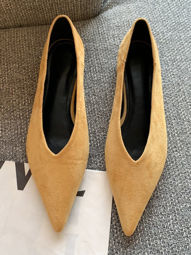 Sapatilhas Femininas Camurça Com Bico Fino E Sem Cadarço Sapatos Baixos Balé Para Mulheres - Amarelo