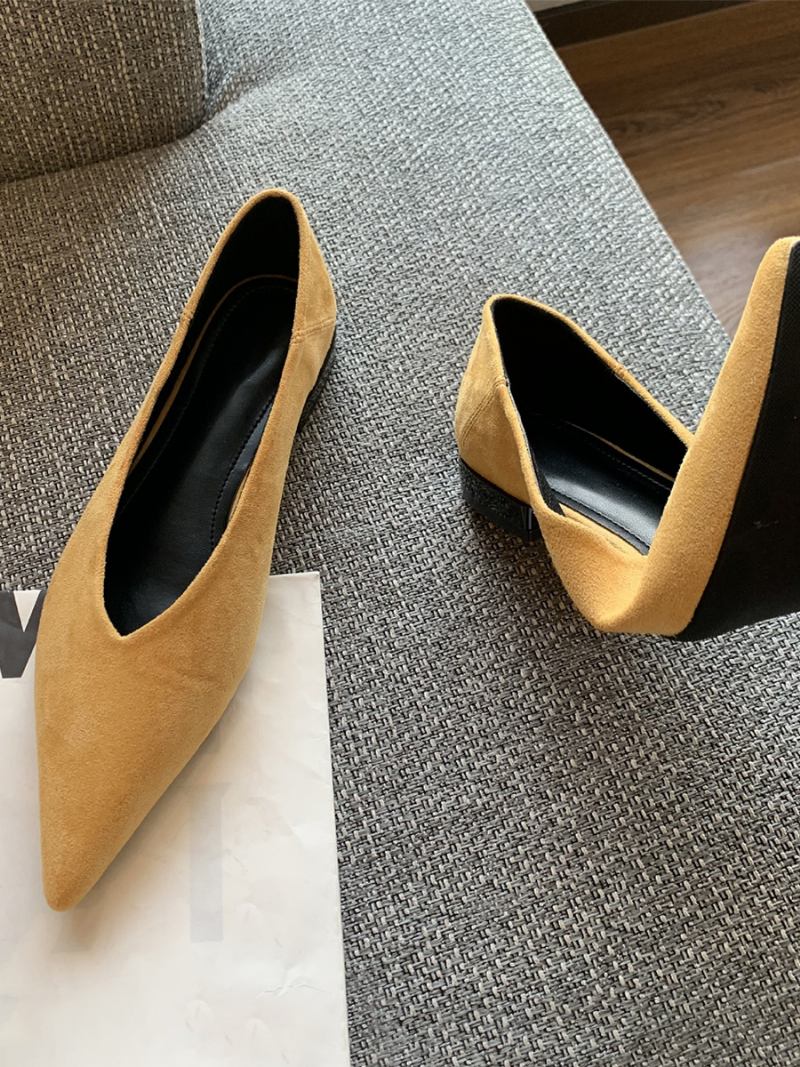 Sapatilhas Femininas Camurça Com Bico Fino E Sem Cadarço Sapatos Baixos Balé Para Mulheres - Amarelo