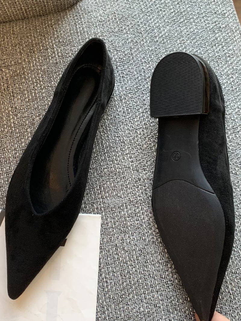 Sapatilhas Femininas Camurça Com Bico Fino E Sem Cadarço Sapatos Baixos Balé Para Mulheres - Preto