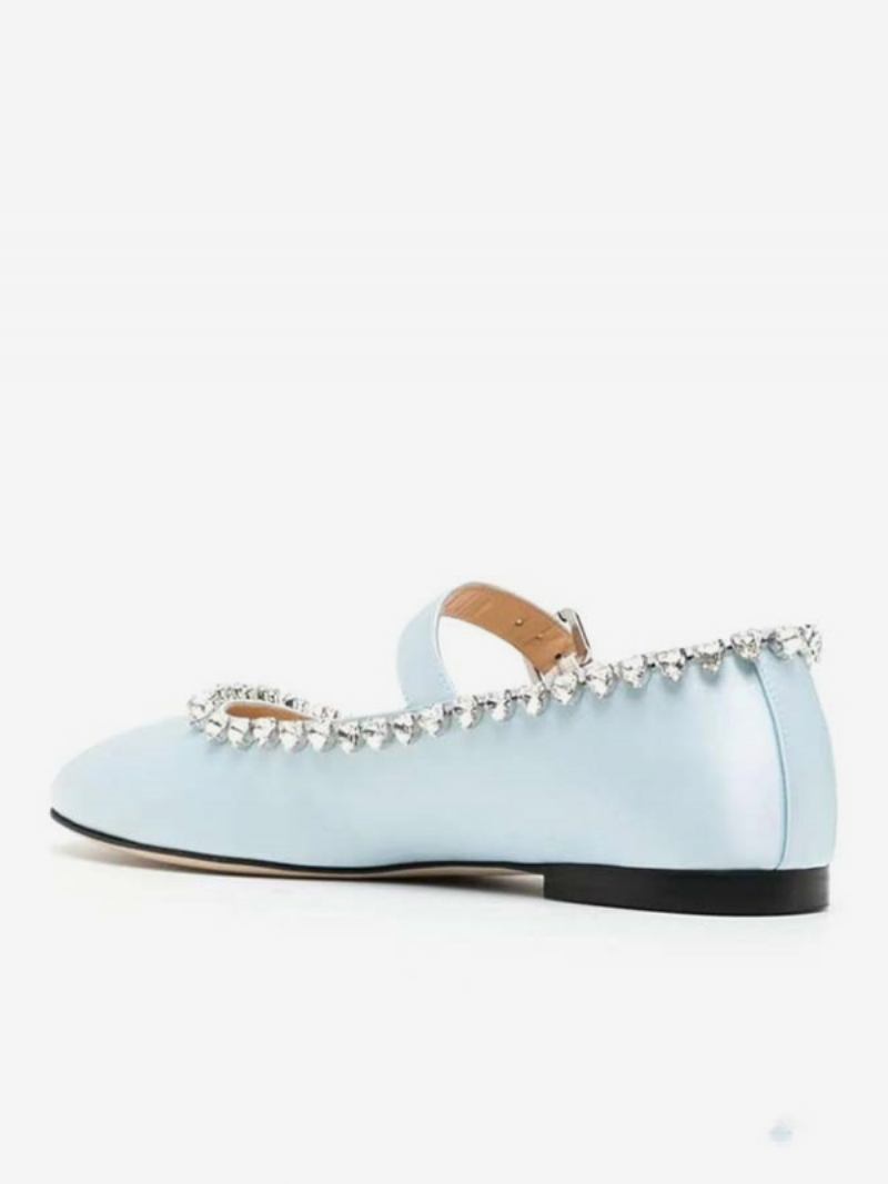 Sapatilhas Femininas Cetim Com Strass Redondos Mary Jane Sapatos Baixos - Azul Bebê