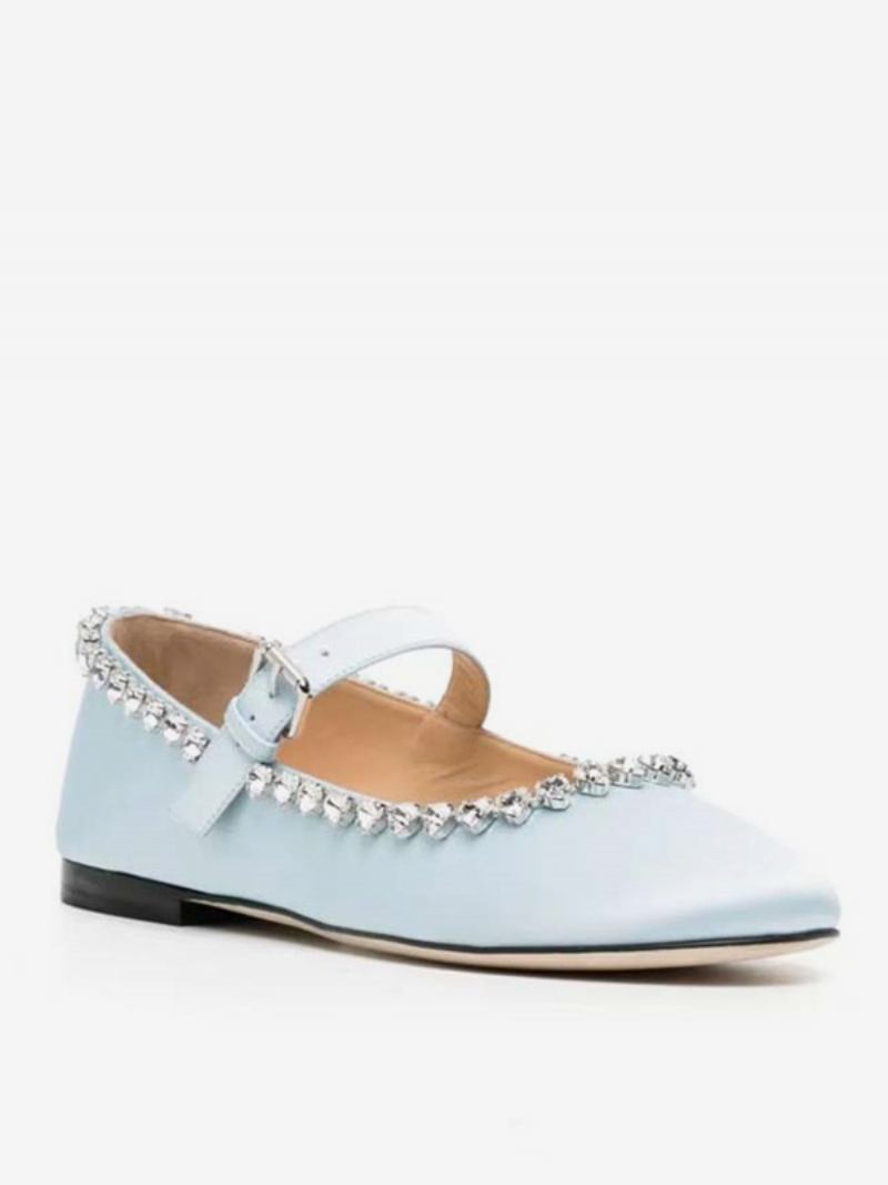 Sapatilhas Femininas Cetim Com Strass Redondos Mary Jane Sapatos Baixos - Azul Bebê