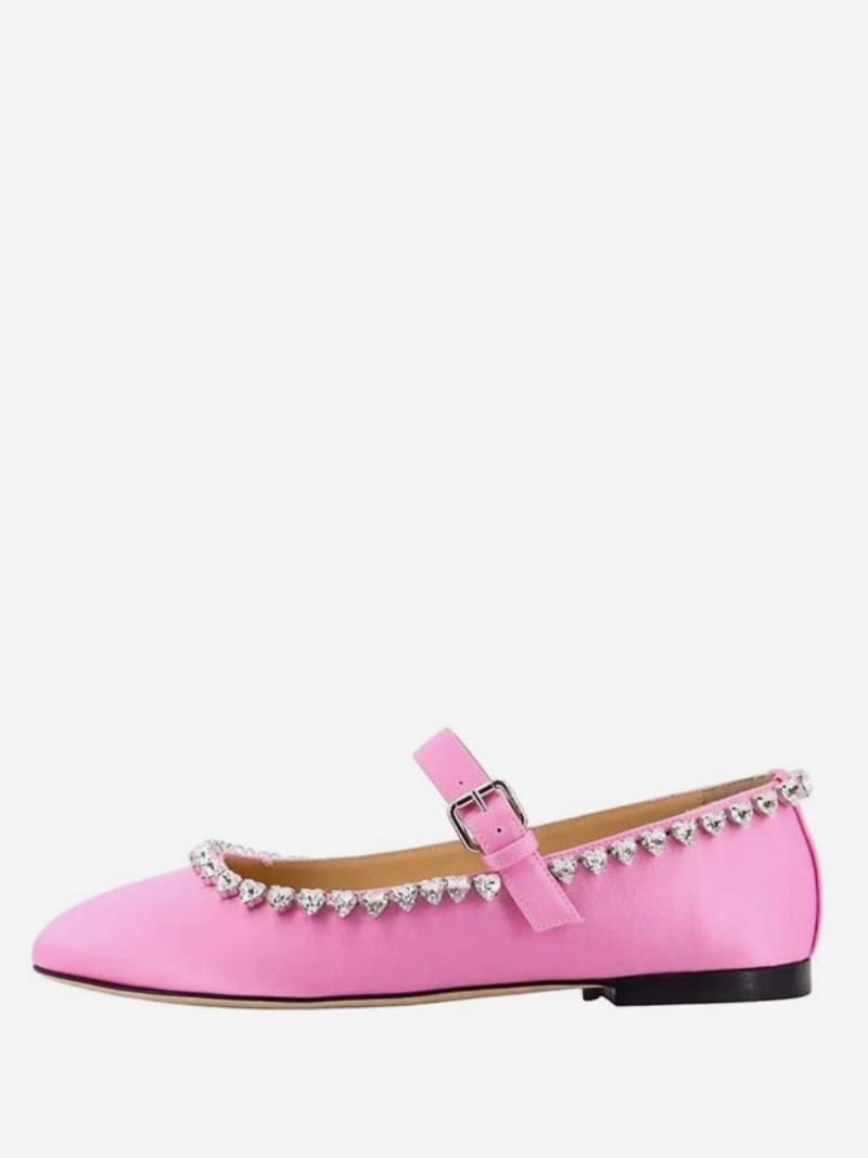 Sapatilhas Femininas Cetim Com Strass Redondos Mary Jane Sapatos Baixos - Magenta