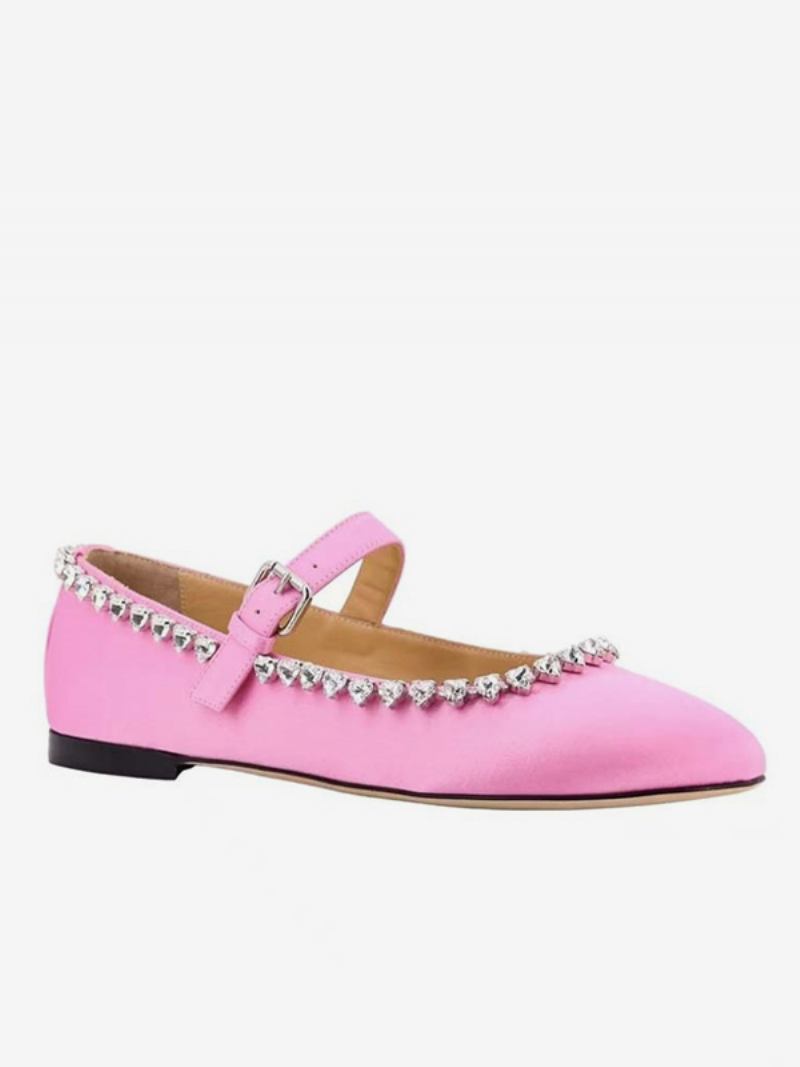 Sapatilhas Femininas Cetim Com Strass Redondos Mary Jane Sapatos Baixos - Magenta