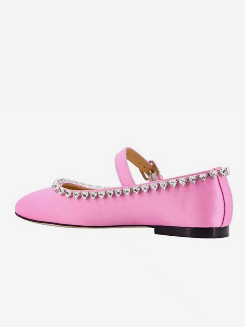 Sapatilhas Femininas Cetim Com Strass Redondos Mary Jane Sapatos Baixos - Magenta