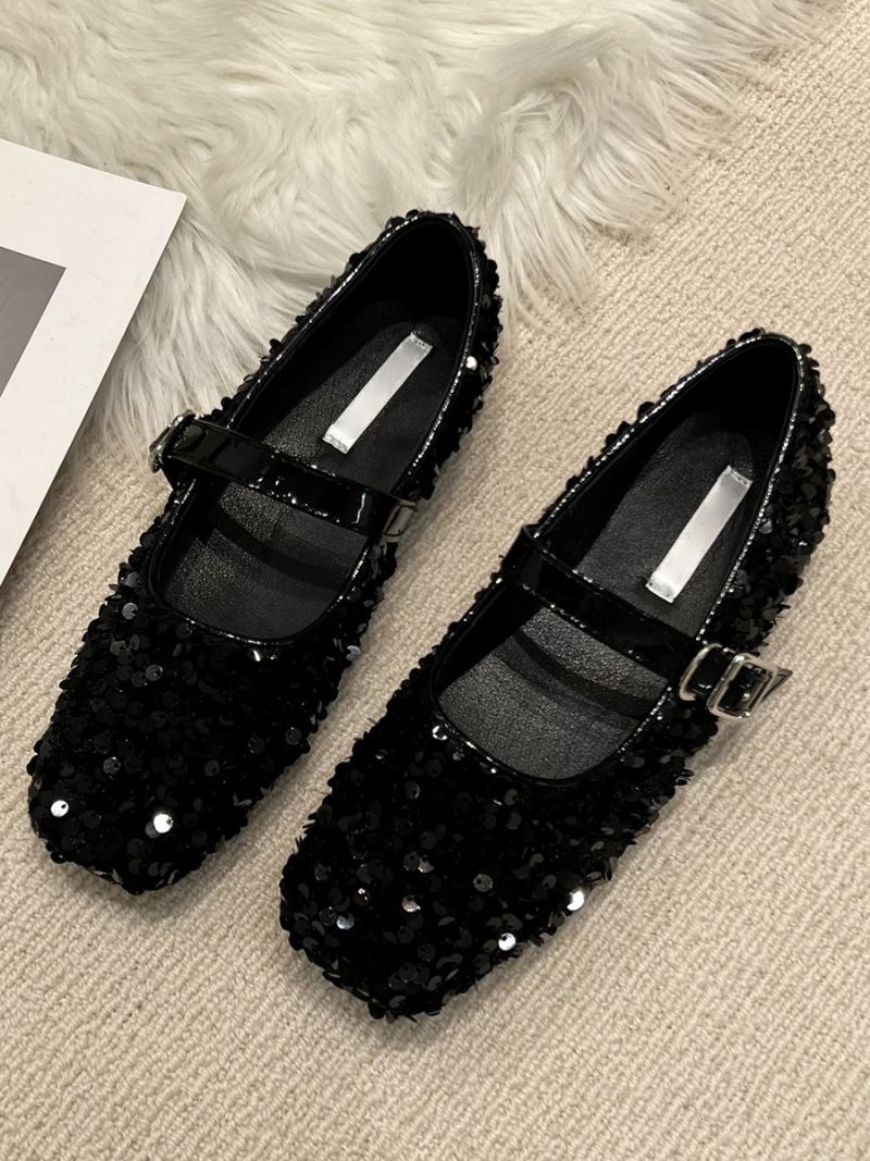 Sapatilhas Femininas Com Glitter E Bico Quadrado Mary Jane Para Festa - Preto