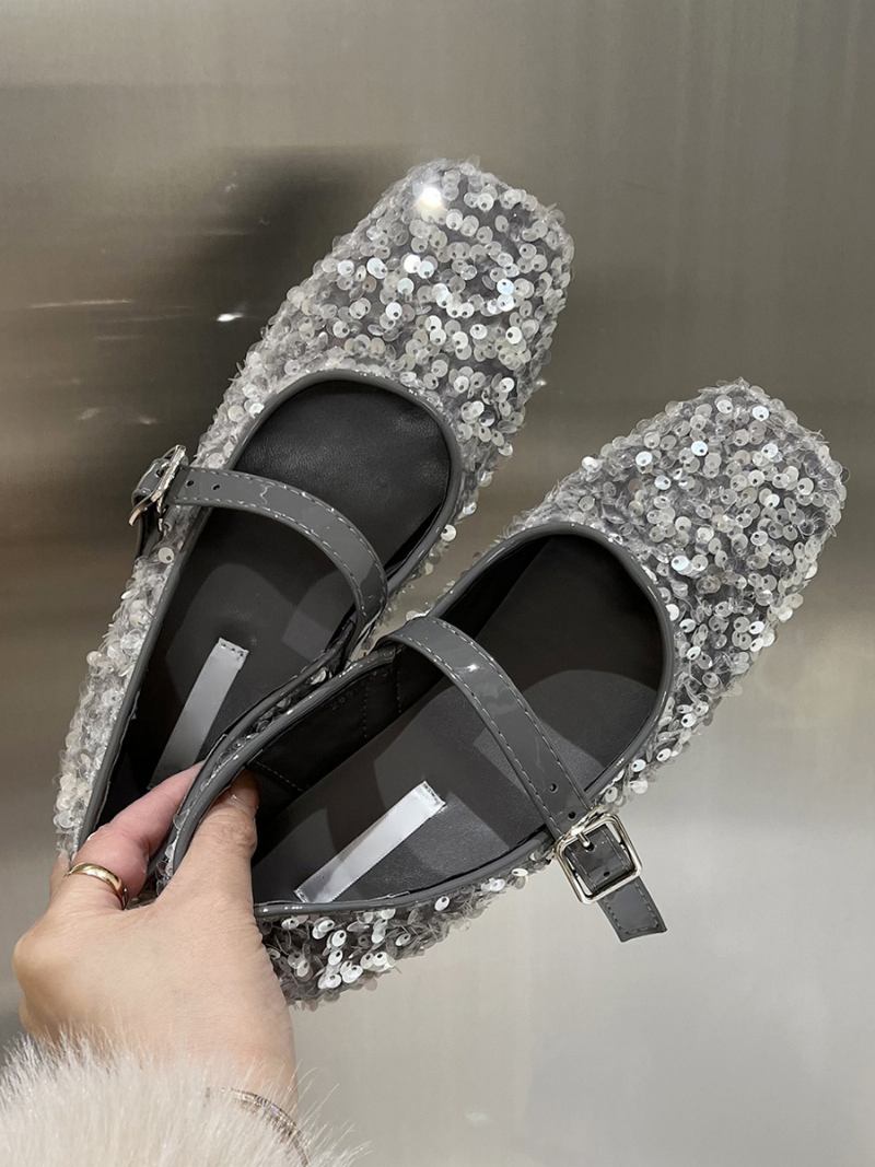 Sapatilhas Femininas Com Glitter E Bico Quadrado Mary Jane Para Festa - Prata