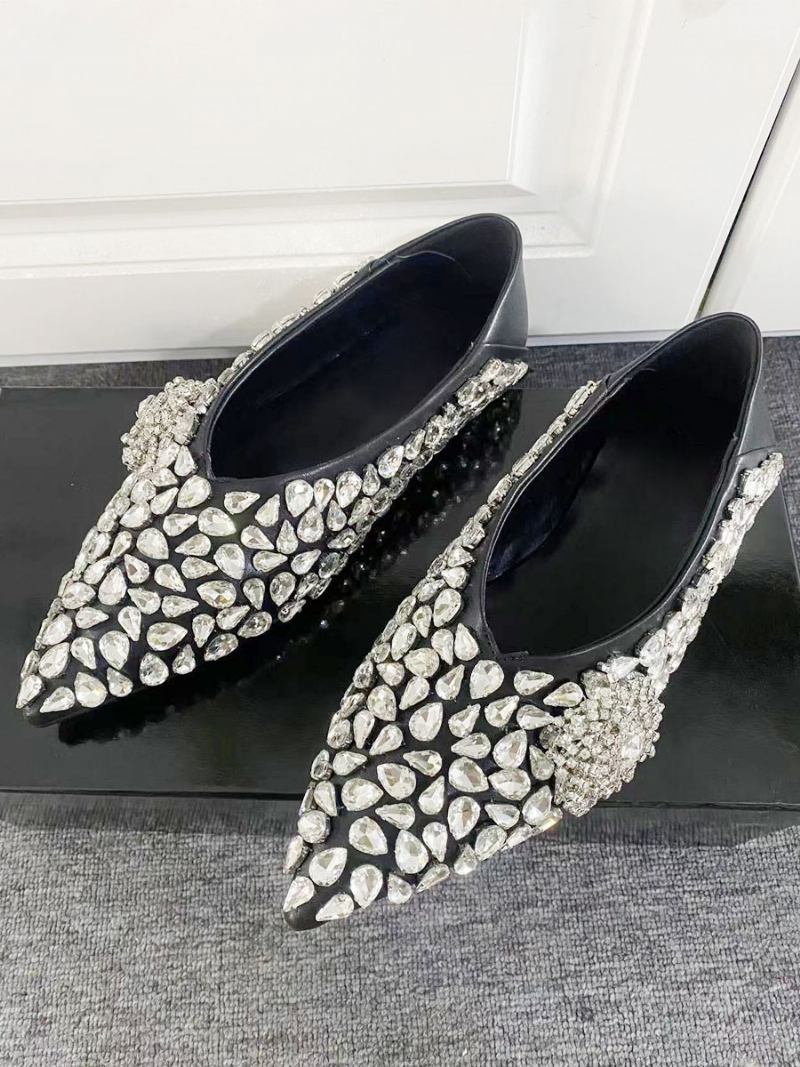 Sapatilhas Femininas Com Strass Bico Fino Deslizamento Em Sapatos Festa