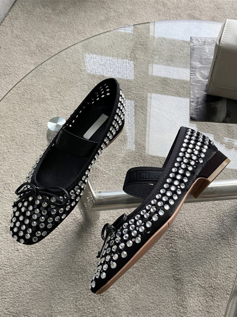 Sapatilhas Femininas Com Strass E Bico Redondo Laço Mary Jane - Preto