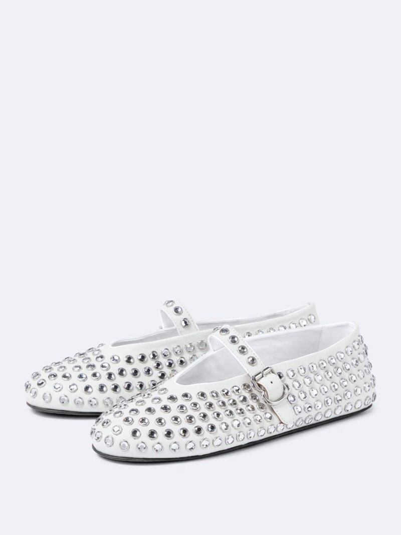 Sapatilhas Femininas Pretas Bailarina Com Strass Redondos Mary Jane Ballet Flats - Branco