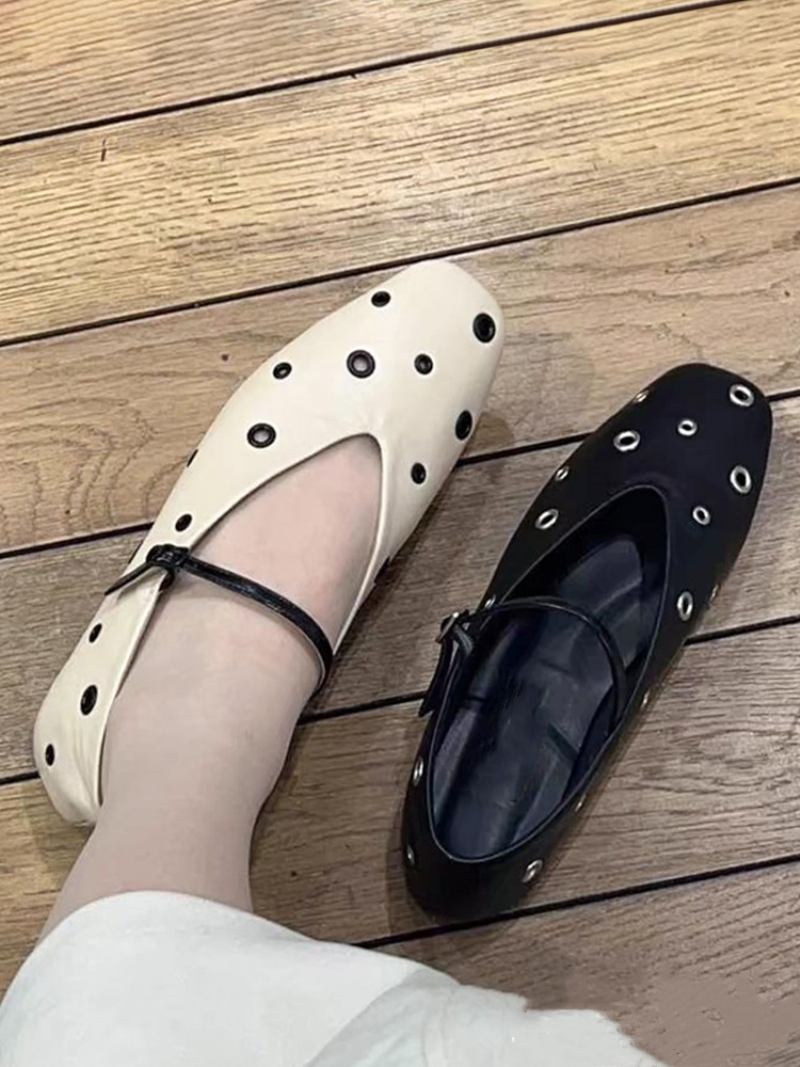 Sapatilhas Femininas Pretas Com Bico Redondo Cortado Fivela E Sapatos Baixos - Preto