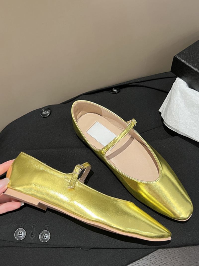 Sapatilhas Femininas Pretas Com Bico Redondo Preto Mary Jane Ballet Flats - Ouro