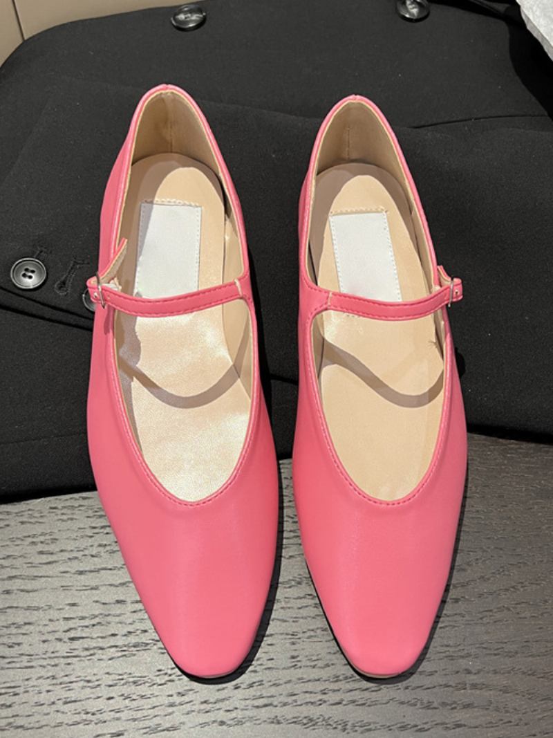 Sapatilhas Femininas Pretas Com Bico Redondo Preto Mary Jane Ballet Flats - Rosa