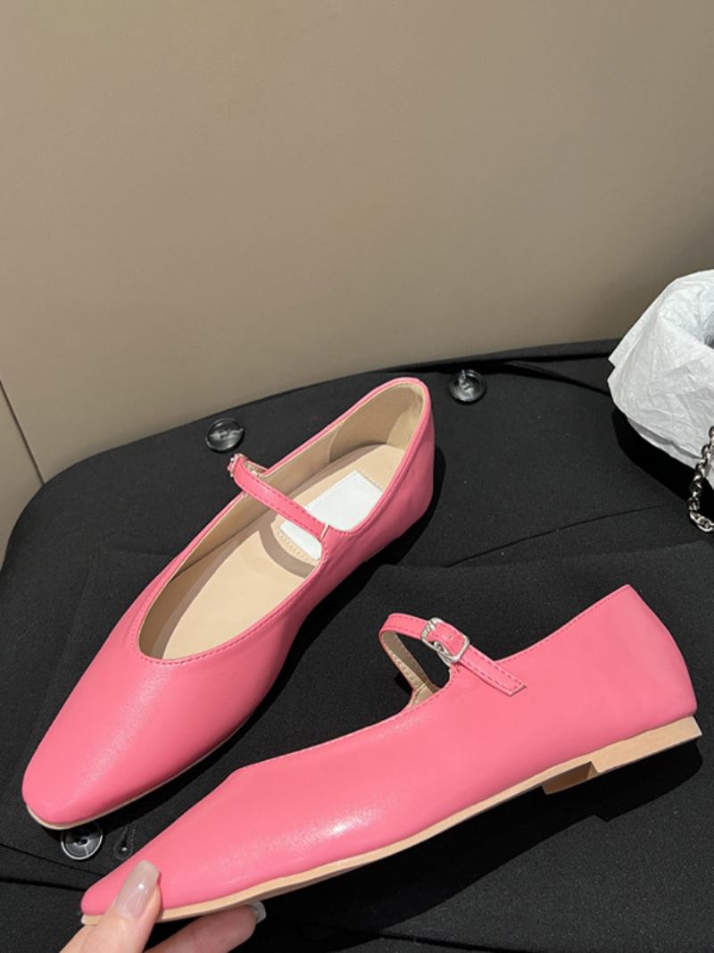 Sapatilhas Femininas Pretas Com Bico Redondo Preto Mary Jane Ballet Flats - Rosa