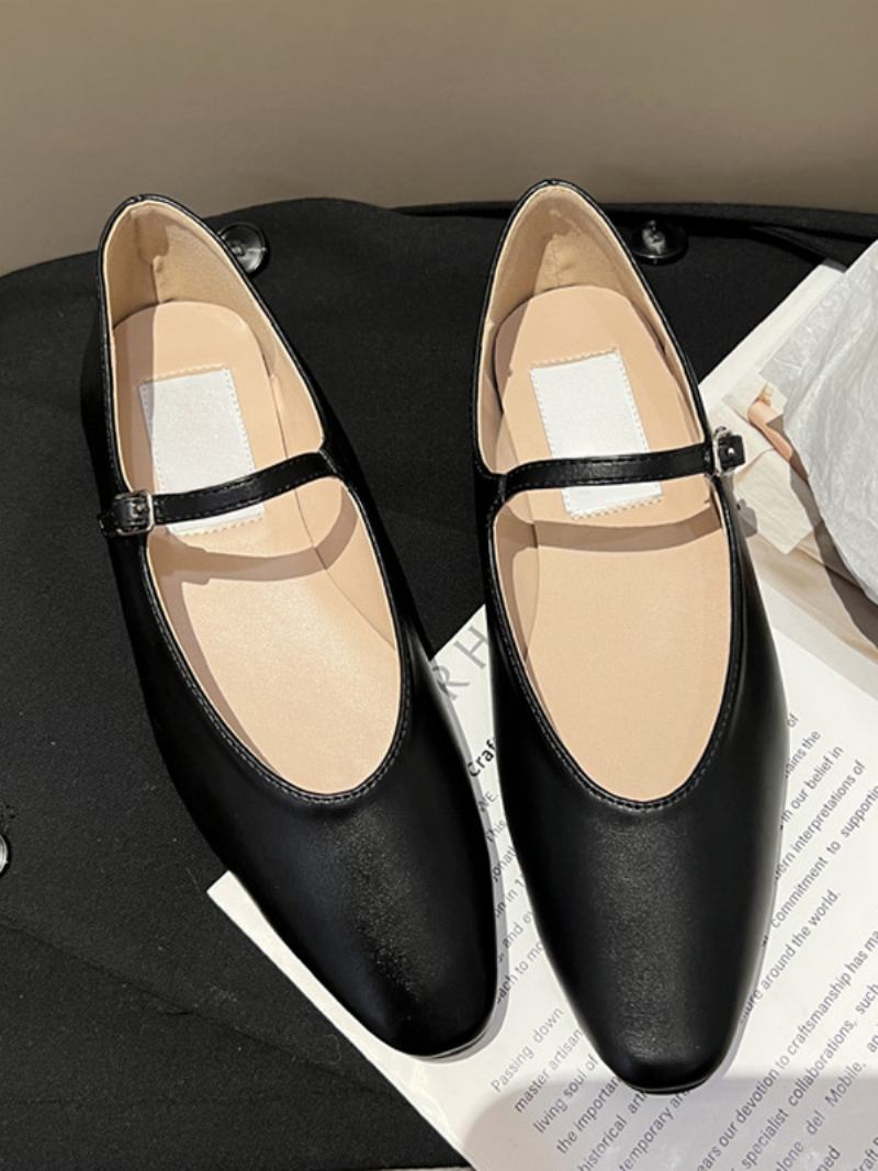 Sapatilhas Femininas Pretas Com Bico Redondo Preto Mary Jane Ballet Flats - Preto