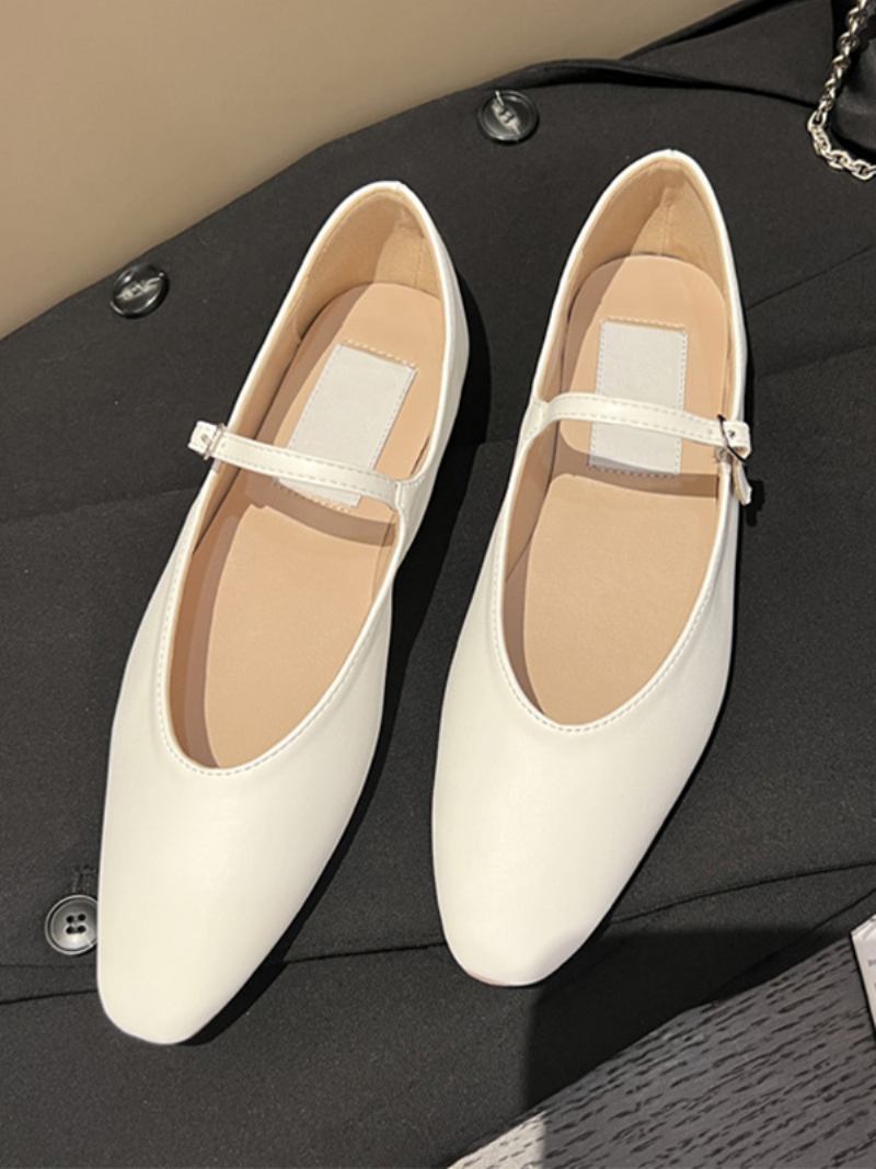 Sapatilhas Femininas Pretas Com Bico Redondo Preto Mary Jane Ballet Flats - Branco