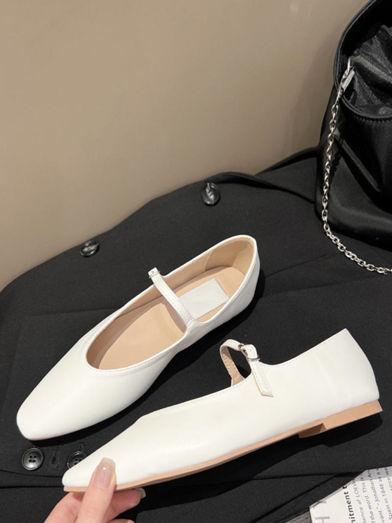 Sapatilhas Femininas Pretas Com Bico Redondo Preto Mary Jane Ballet Flats - Branco