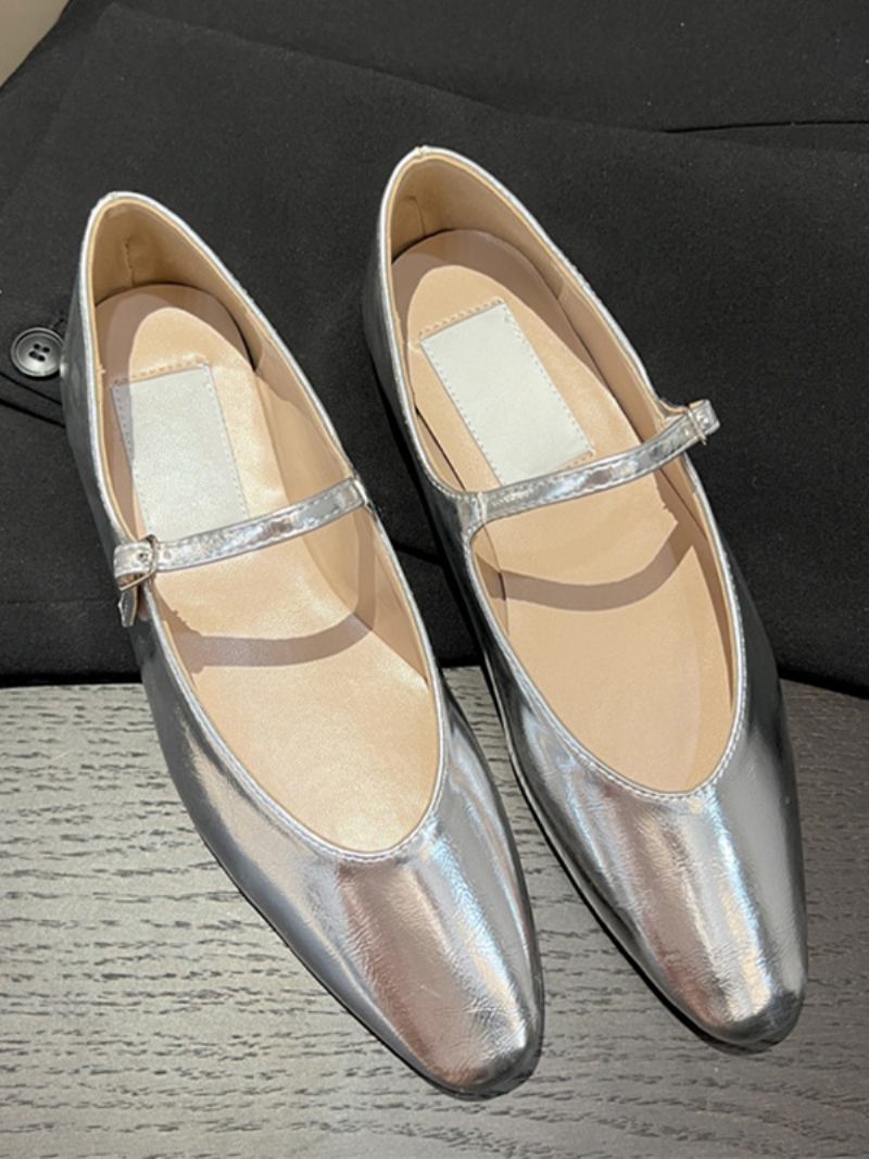 Sapatilhas Femininas Pretas Com Bico Redondo Preto Mary Jane Ballet Flats - Prata