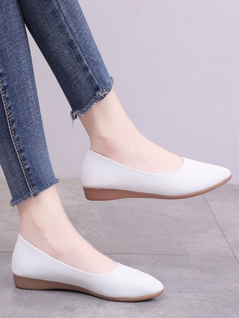 Sapatos Baixos Brancos Para Mulheres Bico Fino Slip-on Sapatilhas Couro Pu - Branco