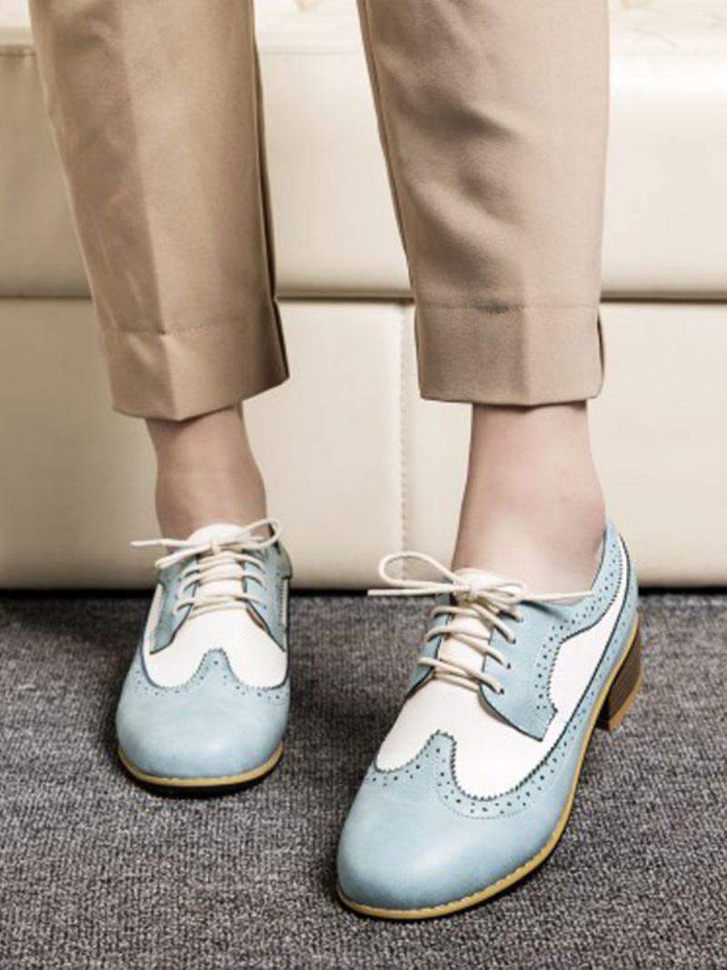 Sapatos Oxford Femininos Com Cadarço Nas Pontas Das Asas - Azul Céu Claro