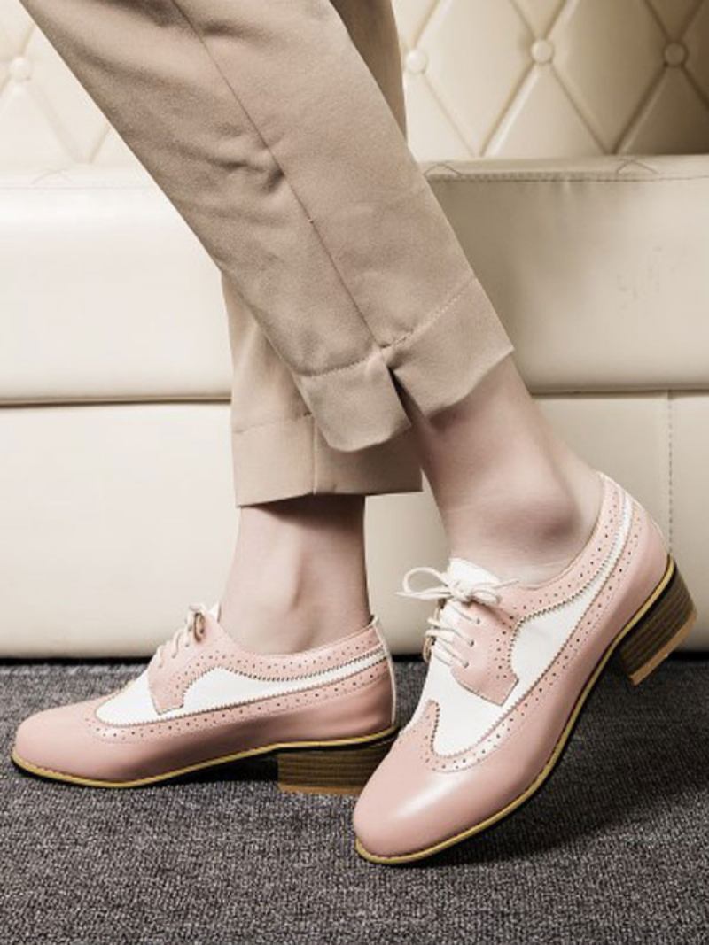 Sapatos Oxford Femininos Com Cadarço Nas Pontas Das Asas - Rosa