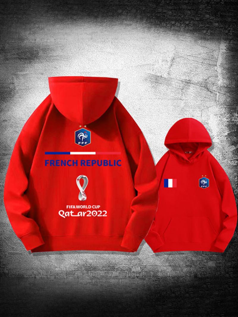 Moletom Branco Masculino Com Capuz França Team Qatar Manga Comprida - Vermelho