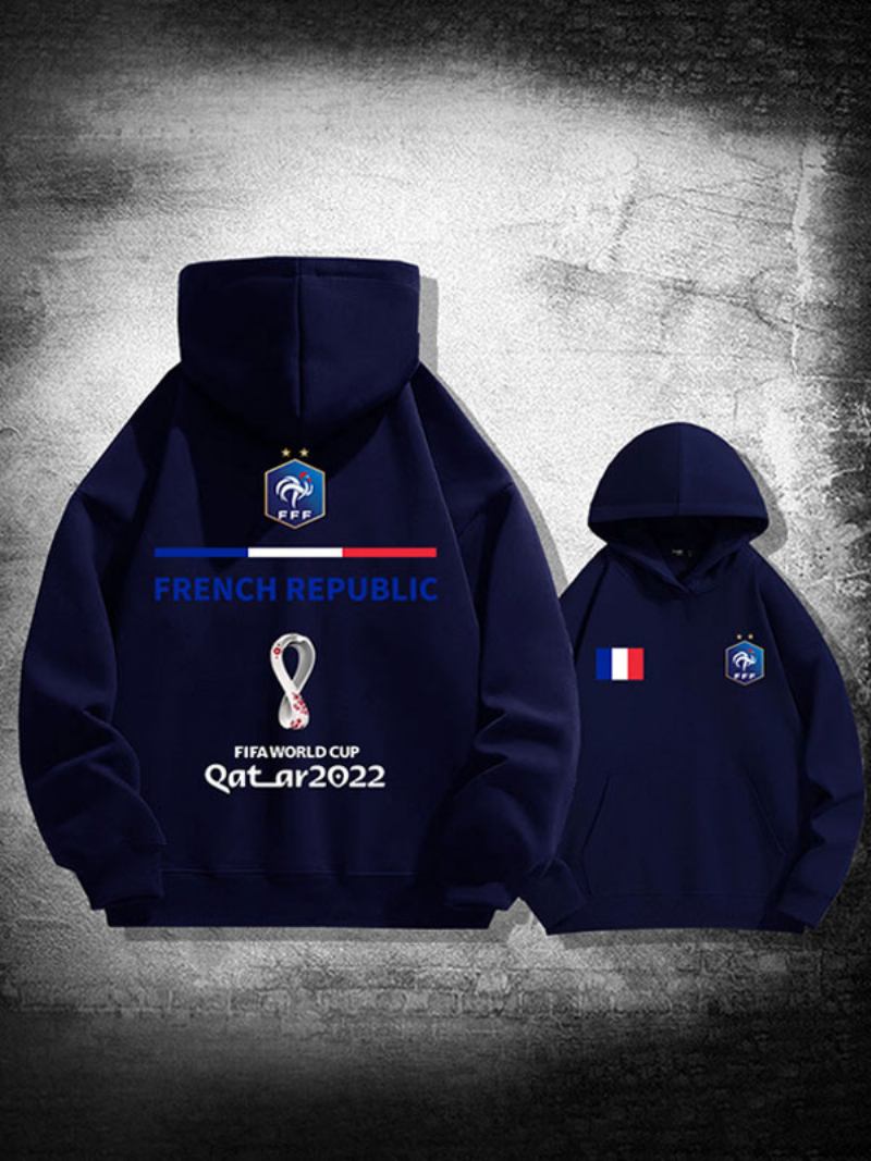 Moletom Branco Masculino Com Capuz França Team Qatar Manga Comprida - Azul Profundo