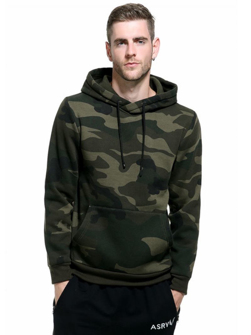 Moletom Masculino Com Capuz Manga Comprida Camuflagem Poliéster Casual - Verde Caçador