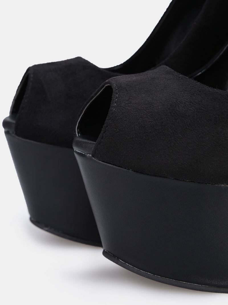 Bombas Cunha Plataforma Sexy Feminina Camurça Peep Toe Tornozelo Cinta Em Preto - Preto