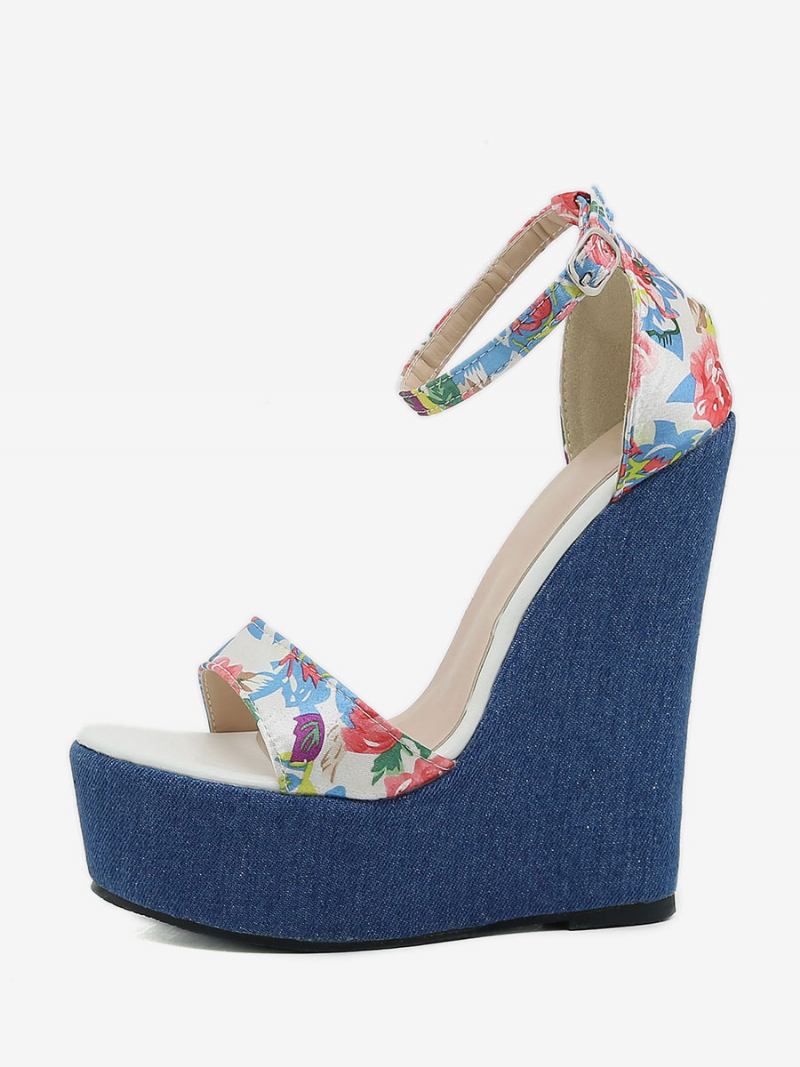 Sandálias Femininas Cunha Plataforma Jeans Com Estampa Floral Sapatos Tira No Tornozelo - Azul