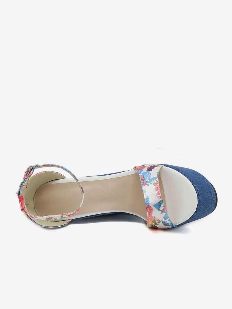 Sandálias Femininas Cunha Plataforma Jeans Com Estampa Floral Sapatos Tira No Tornozelo - Azul