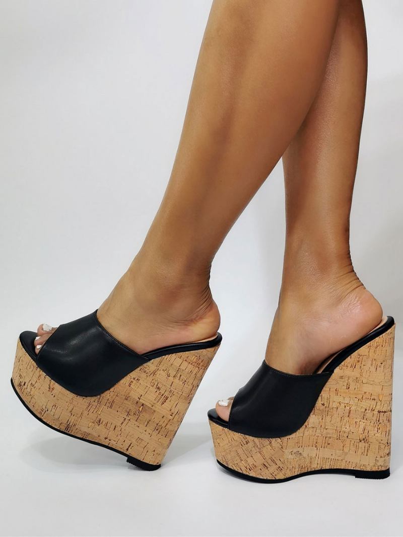 Sandálias Femininas Pretas Com Plataforma Peep Toe - Preto