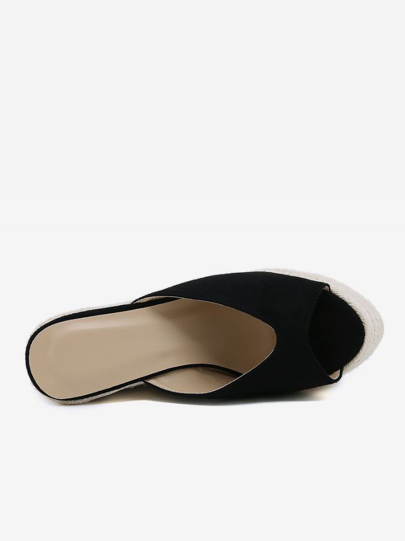 Sandálias Femininas Salto Cunha Ao Ar Livre Micro Camurça Superior Peep Toe - Preto