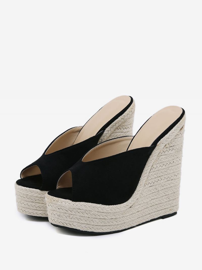 Sandálias Femininas Salto Cunha Ao Ar Livre Micro Camurça Superior Peep Toe - Preto