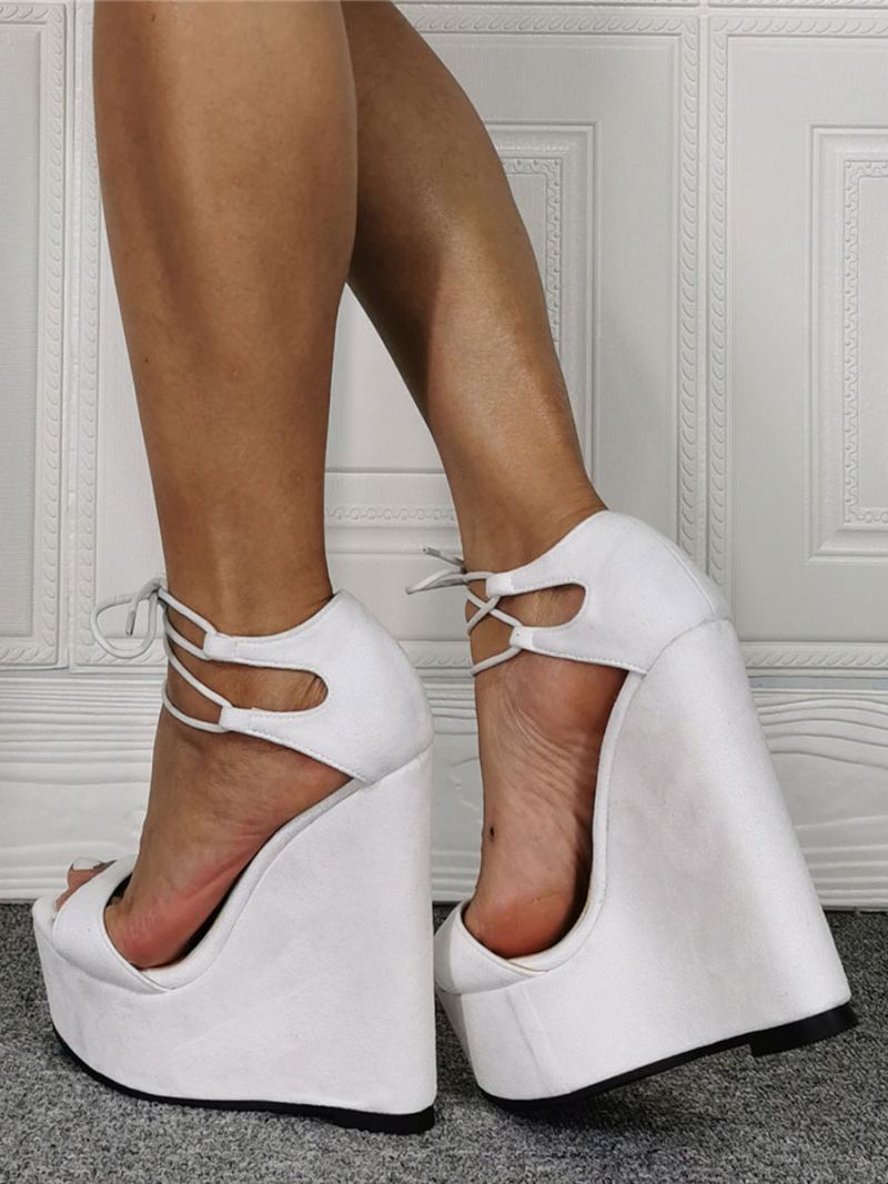 Sandálias Femininas Sexy Branco Micro Camurça Superior Peep Toe Cunha Salto Sapatos Alto Tamanhos Grandes - Branco