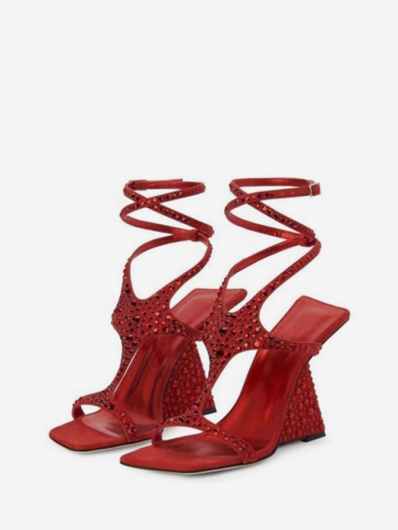 Sapatos Baile Dourados Femininos Com Strass E Tiras Sandália Salto Em Cunha - Vermelho