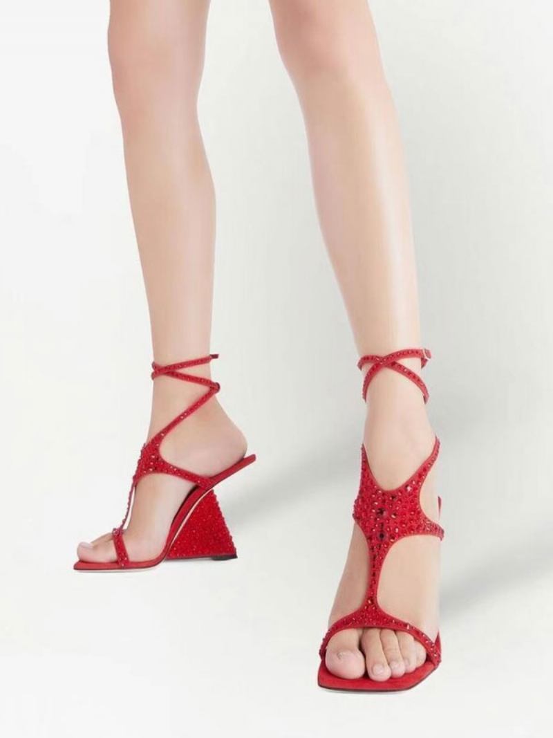 Sapatos Baile Dourados Femininos Com Strass E Tiras Sandália Salto Em Cunha - Vermelho