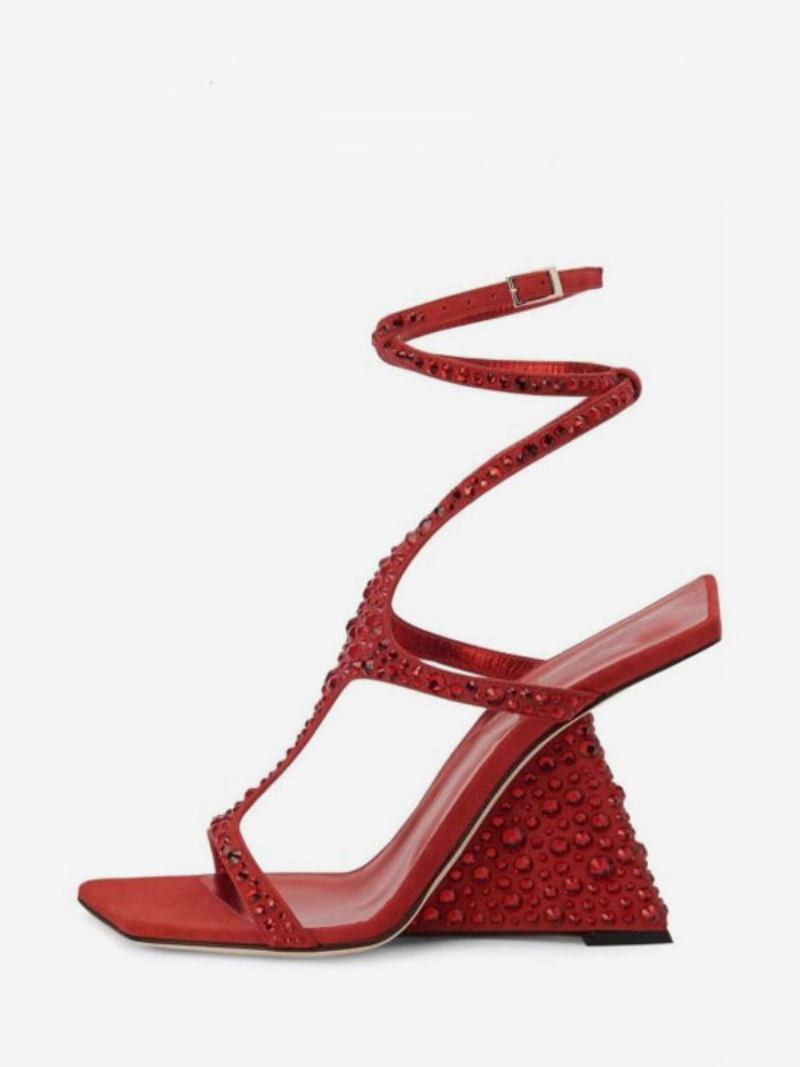 Sapatos Baile Dourados Femininos Com Strass E Tiras Sandália Salto Em Cunha - Vermelho