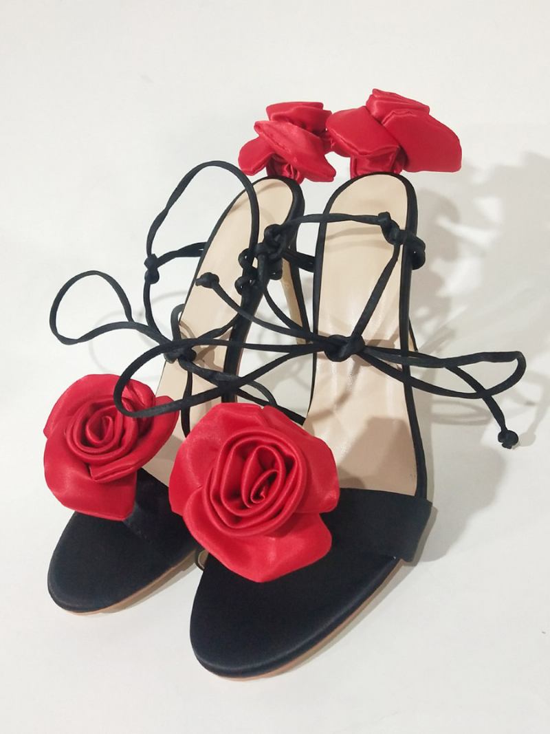 Sandálias Femininas Salto Alto Com Detalhe Flores Cetim Cadarço E Sapatos Festa -  Preto Vermelho 