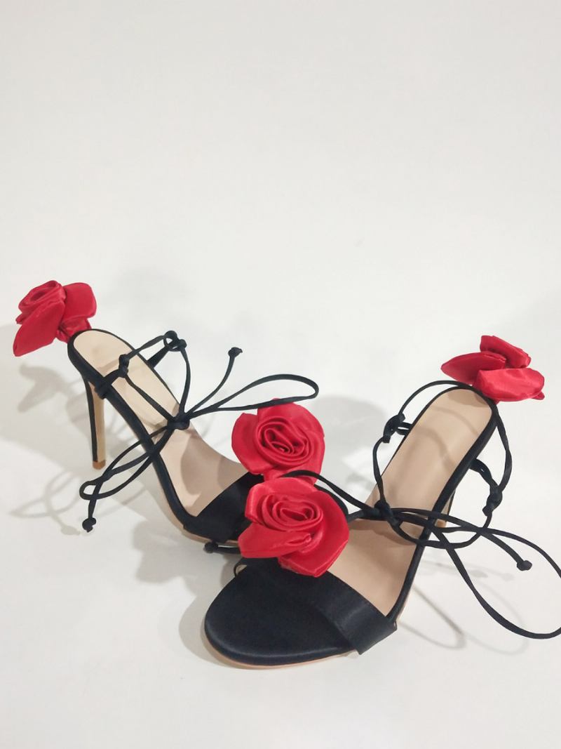 Sandálias Femininas Salto Alto Com Detalhe Flores Cetim Cadarço E Sapatos Festa -  Preto Vermelho 