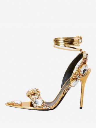 Sandálias Femininas Salto Alto Dourado Aberto Com Strass Sapatos Baile