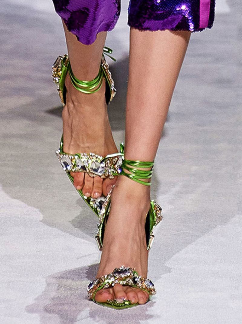 Sandálias Femininas Salto Alto Dourado Aberto Com Strass Sapatos Baile - Verde