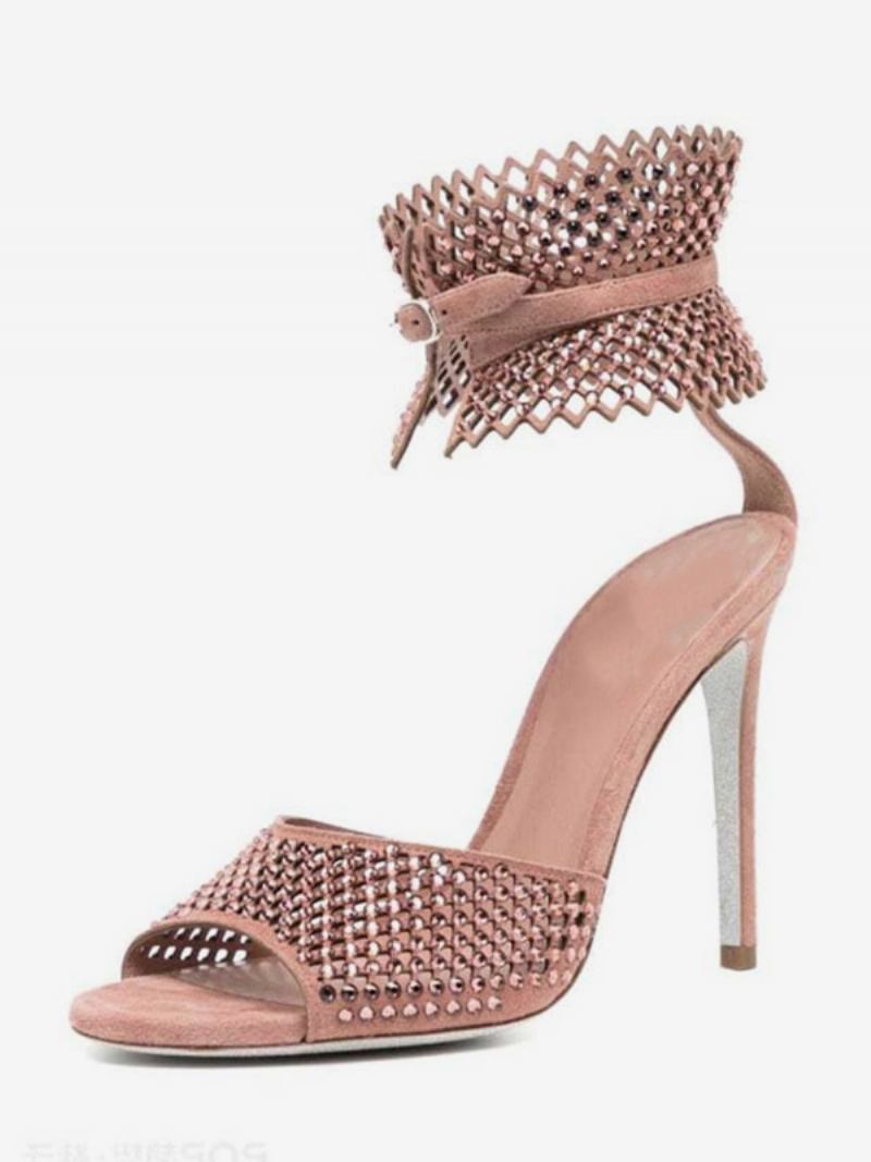 Sandálias Femininas Salto Alto Rosa Peep Toe Com Strass Cortados Sapatos Baile Tira No Tornozelo Festa - Rosa