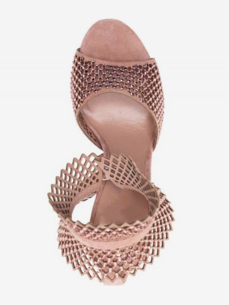 Sandálias Femininas Salto Alto Rosa Peep Toe Com Strass Cortados Sapatos Baile Tira No Tornozelo Festa - Rosa