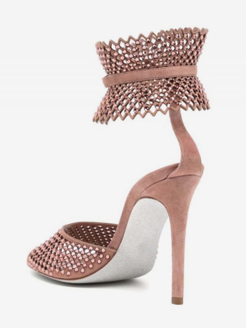 Sandálias Femininas Salto Alto Rosa Peep Toe Com Strass Cortados Sapatos Baile Tira No Tornozelo Festa - Rosa