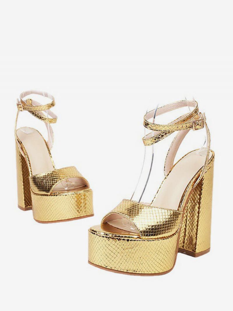 Sandálias Femininas Salto Prateado Plataforma Peep Toe Com Tira No Tornozelo - Ouro