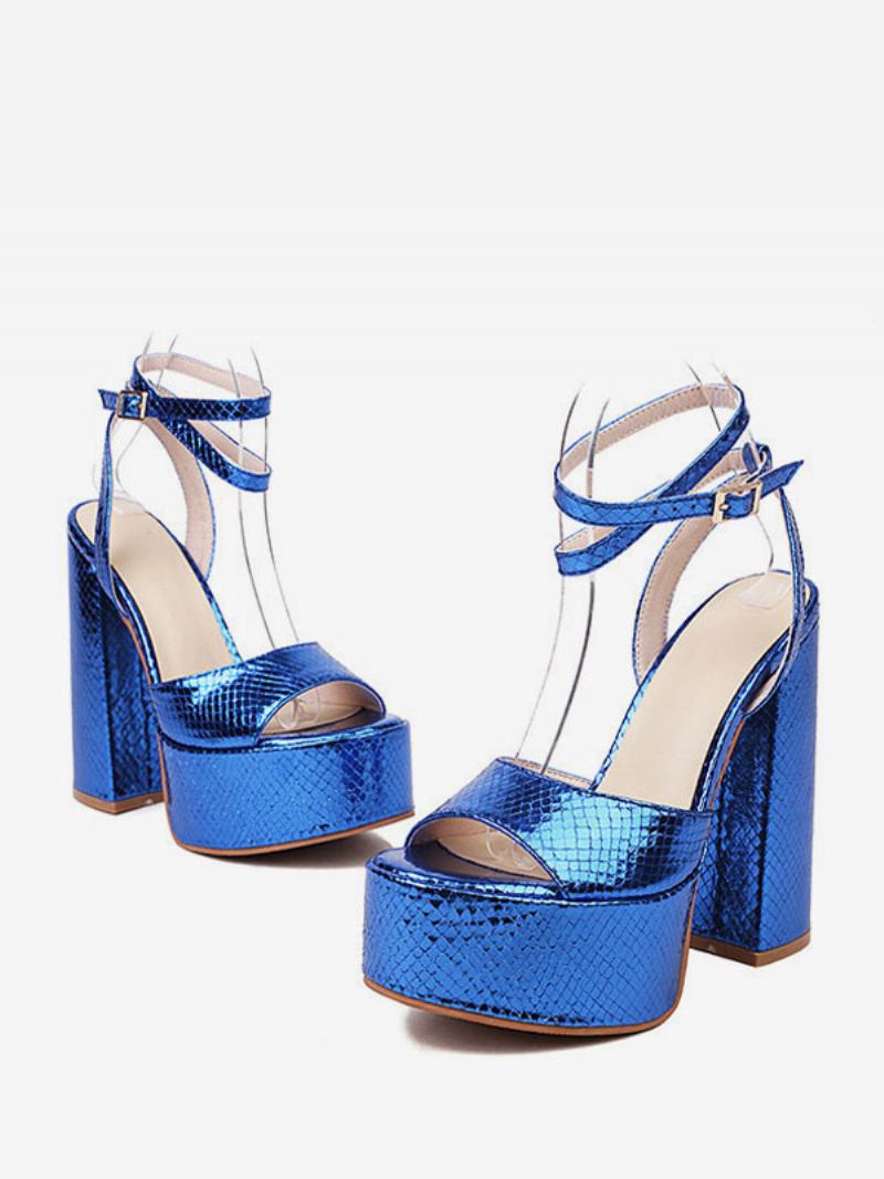 Sandálias Femininas Salto Prateado Plataforma Peep Toe Com Tira No Tornozelo - Azul