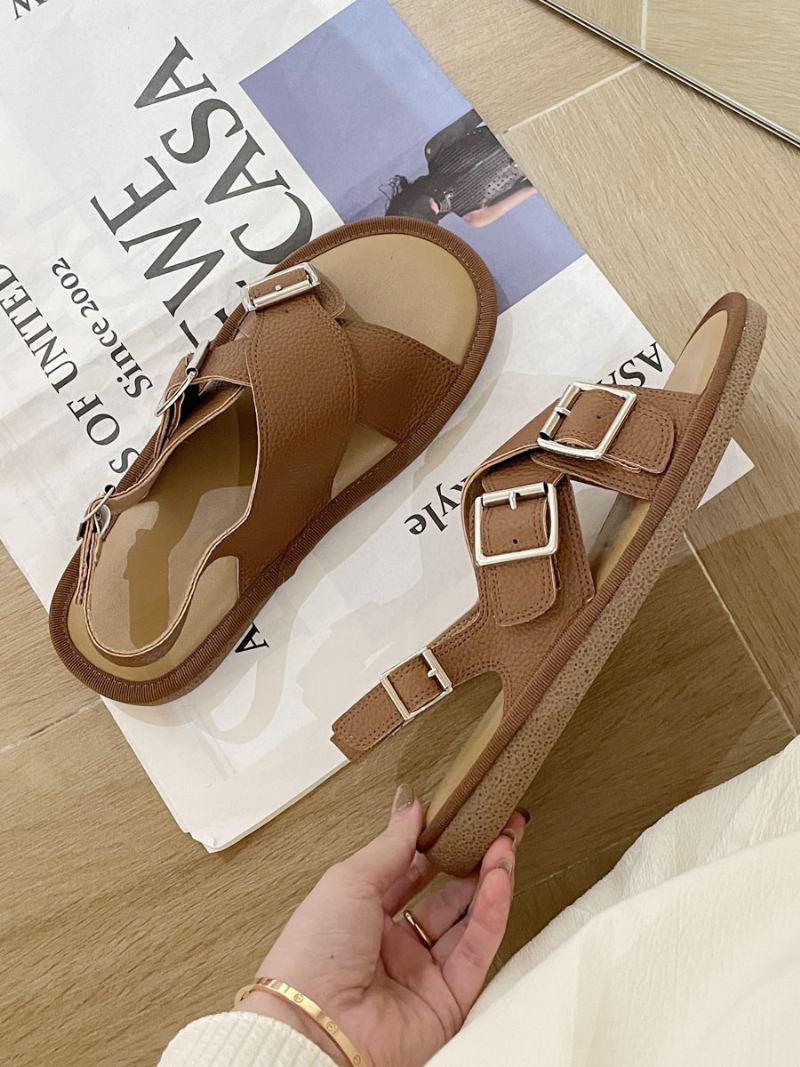 Sandálias Planas Femininas Com Fivela Branca Cruzada Sapatos Sandália Plana - Castanho Café