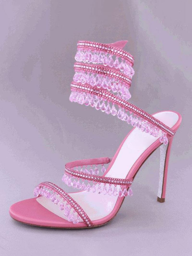 Sandálias Salto Alto Femininas Com Strass Dedo Aberto Cadarço E Sapatos Baile - Rosa